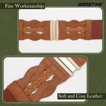 Vintage Stretchy Wide Elastic Belt With Gold Buckle For Women - 棕色 - 查看 9