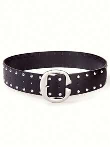 1pc Women's Wide Waist Belt, Rivet Punk Style Solid Color PU Leather, Oval Metal Buckle, Plus Size
