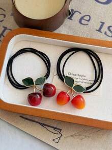 2pcs Elegant Cute Cherry Blossom Pendant Hair Scrunchies, Alloy Hair Hoop Metal Hair Accessories, Suitable For Summer, Beach, Vacation, Hair Scrunchies, Hair Ties, Hair Accessories, Ponytail Holders, Hair Tie, Hair Ornaments ,Makeup ,Hair Elastics ,Hair Rubber Bands ,Hair Rope - Multicolor - View 1