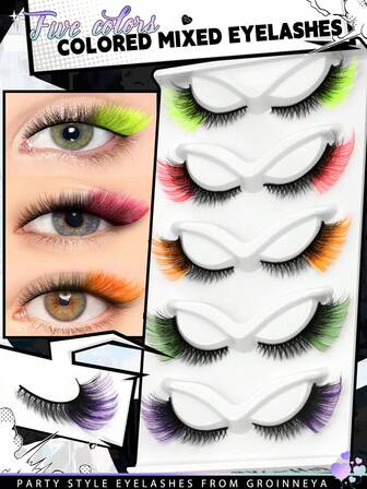5 Pairs Colorful 3D False Eyelashes C Curl Fluffy Faux Mink Lashes With Color Volume Natural Lashes Extension For Daily Party Festival Stage Makeup Use (MYC-H02)