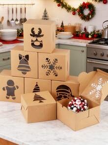 12/6pcs Christmas Cookie Boxes, Small Gift Cookie Boxes, Exquisite Holiday Dessert Boxes, Kraft Paper Christmas Baking Boxes, Suitable For Candy, Cupcakes, Pastries, 4" X 4" X 2.5" - Christmas Combination Pack a - View 8