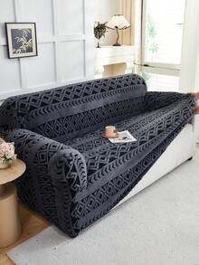 1pc Cationic Soft Plush Fabric Pet Proof Sofa Cover, Embossed Plush Jacquard Striped Pattern, Deep Gray Multi-Color, Thick Jacquard Plush Sofa Cover Suitable For 1/2/3/4 Seat Sofa, Autumn/Winter