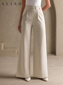 高腰纯色阔腿裤，优雅，商务休闲，宫廷风格，得体，商务休闲，春季，外出 - 杏色 - 查看 3