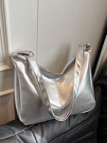 Vintage Solid Color PU Leather Shoulder Bag For Women, Casual Large Capacity Outdoor Travel Vacation Crossbody Bag, Portable Versatile Business Commuting Crescent Bag For Daily Work Use, Lightweight New Street Shopping Underarm Bags - Silver - View 8