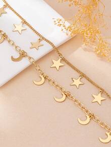 1pc Elegant Fashionable Occasion Wear Gold Metallic Moon & Star Pendant Multilayer Necklace For Women - Yellow Gold - View 2