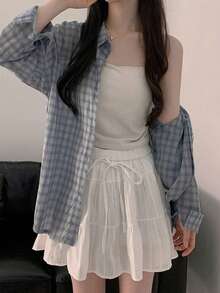 2025 格纹印花休闲百搭长袖衬衫 春季款 - 藍色 - 查看 5