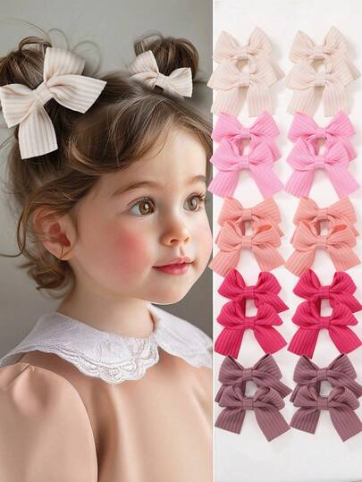 10 件/套女孩儿童纯色面料蝴蝶结发夹，可爱公主风格发饰，适合刘海和日常使用