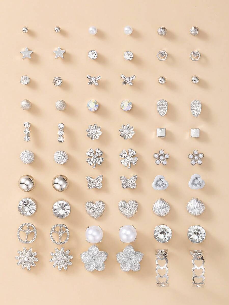 60件套时尚金属蝴蝶、爱心、水钻、月亮、蝴蝶结、花朵耳钉套装,珠宝礼品,适合女性日常佩戴 - 銀色 - 查看 1