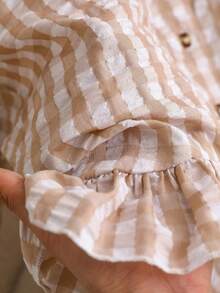 Plaid Shirt With Ruffle Trim, Button Front, Short Front Long Back, Pleated Ruffle Hem/Ruffle Vacation