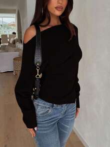 Áo len kiểu dáng thanh lịch, sang trọng, tối giản, thoải mái với thiết kế vai bất đối xứng, áo dệt kim ôm sát, vạt áo bất đối xứng, thích hợp mặc hàng ngày. - màu đen - Xem 5