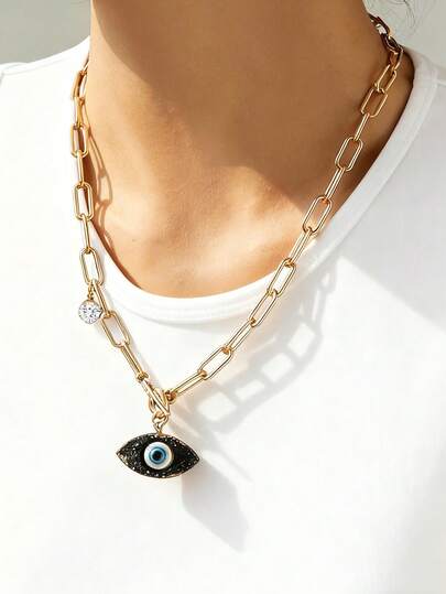 1 件时尚简约邪眼吊坠项链，小众独特风格，女士配饰（链节数量随机）