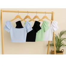 Blusa Cropped Feminina Manga Bufante Babado Canelada Verão