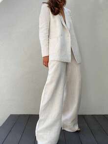 Women's Linen Comfortable Casual Commuting Solid Color Blazer Collar Pocket Button Long Sleeve Jacket And Elastic Waist Loose Pants Set