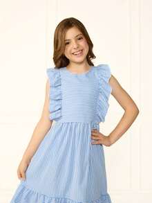 Baby Blue Inverted Stripe Dress For Girls With Ruffle Sleeves And Round Skirt For Everyday Party Wedding - 藍色 - 查看 5