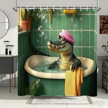 1Pc 71x71 Inches, 12 Hooks Included, Alligator In Bathtub Shower Curtain With Whimsical Realistic Design - Alligator With Pink Shower Cap In Green Bathroom Print, Polyester Fabric, Perfect For Those Who Love Whimsical Bathroom Decor, Bathroom Decor | Whimsical Realistic Style | Polyester Curtain, Shower Curtains For Bathroom, Add A Whimsical Realistic Touch To Your Bathroom, Easy Installation - Xanh lá cây 331 - Xem 2