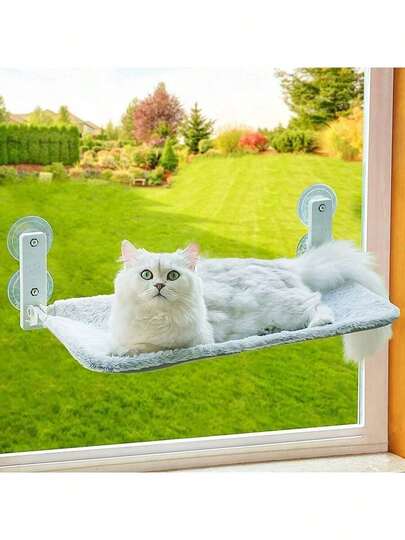 1 pieza Hamaca de gato de franela gris con marco de hierro y cuatro ventosas resistentes, se puede plegar y desmontar para limpiar, puede soportar hasta casi 40 libras, hamaca para mascotas, cesta colgante de vidrio, cama de mascota de vidrio para balcón, cama plegable desmontable para gatos y gatitos para tomar el sol