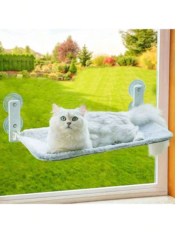 1 Stück Flanell Grau Katzen Hängematte mit Eisenrahmen und vier stabilen Saugnäpfen, kann zum Reinigen zusammengeklappt und demontiert werden, kann bis zu fast 40 Pfund tragen, Haustier Hängematte, hängender Glaskörb, Balkon Glas Katzen Bett, Katzen Streu, abnehmbare faltbare Katzen Bett geeignet für Katzen und Kätzchen zum Sonnenbaden
