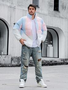 Men's Gradient Color Stand-Up Collar Faux Down Jacket, Loose And Warm Long-Sleeved Stand-Up Collar Down Jacket, Winter Gift