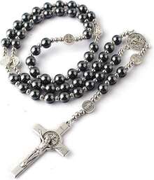Hematite Rosary Necklace With Black Stone & Stainless Steel Beads, 48cm - 聖米迦勒玫瑰經 - 查看 3