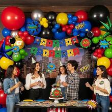 ¡RecomendadoKit de guirnalda de globos de superhéroe con 150 unidades, rojo, azul, verde, amarillo, negro, globos y globos estrellados, para decoración de fiesta de cumpleaños de dibujos animados¡Top de Temporada - 1 - Ver 3