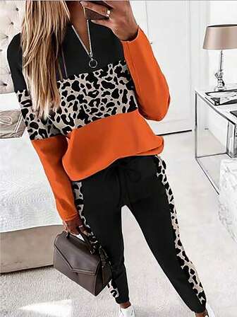 Plus Size Women's Solid Color Patchwork Leopard Print Zip V-Neck Long Sleeve Top And Pants Two Pieces Set, Suitable For Daily Wear, Sportswear, Casual, Date, Autumn/Winter Long Sleeve Two Pieces Elegant Casual Suit, Thanksgiving Two Pieces Set, Women's Halloween Costume