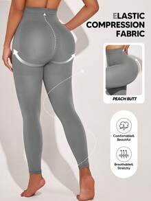 Leggings modeladoras de compressão com tela em cores contrastantes, estilo básico. - Cinza - Ver 3