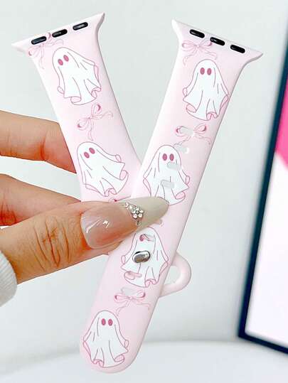 1pc Halloween Cute Bow & Ghost Pattern Print Silicone Watch Band Compatible With Apple Watch Band Strap 38mm 40mm 41mm 42mm 44mm 45mm 49mm (S10 42)Mm (S10 46)Mm, Fashionable Soft Silicone Sports Watch Strap Bands Compatible With Iwatch Series 11 Ultra3 Ultra 2 SE3 S10 SE2 9 8 7 SE 6 5 4 3 2 1, Perfect Gift For Thanksgiving,Halloween,Birthdays,And More-Unisex For All Ages