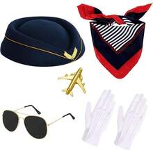 6 Pcs Women Flight Attendant Costume Accessories Flight Attendant Hat Gloves Scarf Sunglasses For Halloween Cosplay - Dark Blue - View 1