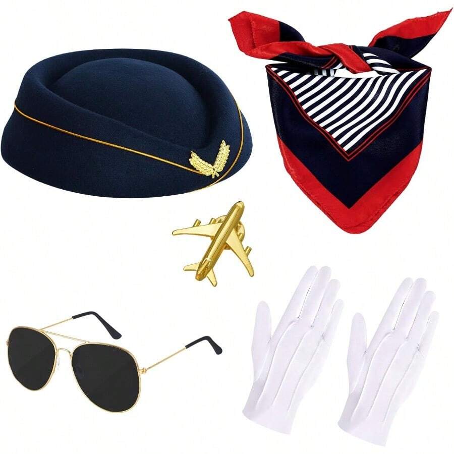6 Pcs Women Flight Attendant Costume Accessories Flight Attendant Hat Gloves Scarf Sunglasses For Halloween Cosplay - Dark Blue - View 1
