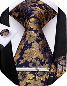 Silk Floral Necktie Set With Tie Clip, Handkerchief & Cufflinks - Blue and Gold - View 1