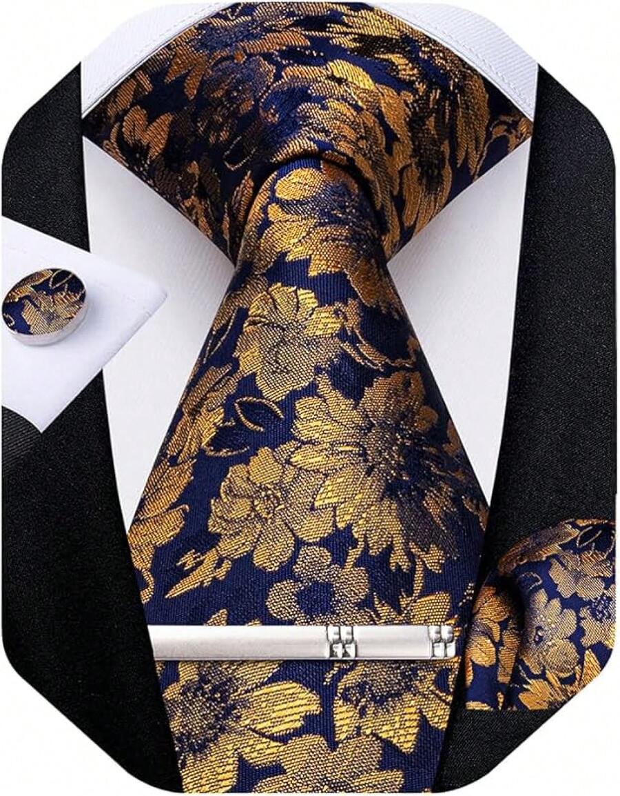 Silk Floral Necktie Set With Tie Clip, Handkerchief & Cufflinks - Blue and Gold - View 1