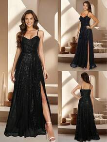 HOMEYEE Fashionable Sexy V-Neck Spaghetti Strap Split Sequin Embellished Bodycon Dress, Suitable For Halloween Party, Formal Evening, Cocktail, Wedding, Gala, Prom