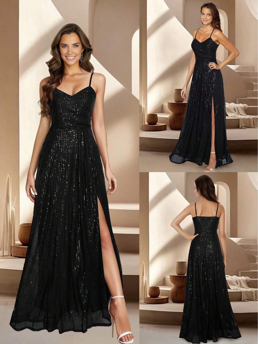 HOMEYEE Fashionable Sexy V-Neck Spaghetti Strap Split Sequin Embellished Bodycon Dress, Suitable For Halloween Party, Formal Evening, Cocktail, Wedding, Gala, Prom