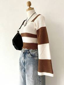 DEAR MOLLY Women's French Sexy Short Knit Sweater, Bell Sleeve Short Coffee Color-Block Fashion Square Neck Knit Sweater, Suitable For Autumn/Winter, Casual Daily Wear - Multicolor - View 2