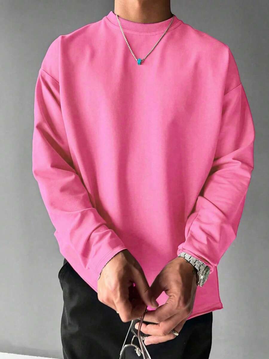 Men's Lightweight Polyester Solid Color All-Match Long Sleeve T-Shirt, Versatile & Breathable For Spring/Autumn - Hot Pink - View 1