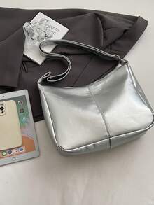 Vintage Solid Color PU Leather Shoulder Bag For Women, Casual Large Capacity Outdoor Travel Vacation Crossbody Bag, Portable Versatile Business Commuting Crescent Bag For Daily Work Use, Lightweight New Street Shopping Underarm Bags - Silver - View 10