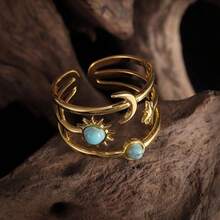 Hypoallergenic Retro Golden Sun Moon Star Turquoise Open Bangle, Bohemian Cosmic Style For Daily Wear / Valentine's Day Gift For Girlfriend, Claim My Daily Gift, Local Warehouse, - 金的 - 查看 2