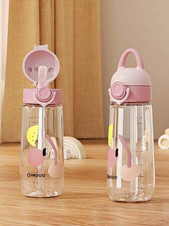 1pc 470ML/690ML Cute Kids Straw Cup, Portable Student Water Bottle, Dustproof Leakproof Shockproof, Transparent Durable With Handle, Suitable For Daily Home, Outdoor, Kindergarten, School Use, Holiday Gift