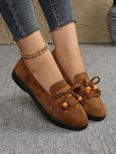 Women's British Style Loafers Flat Suede Tasseled Round Toe Casual Everyday Dress Shoes