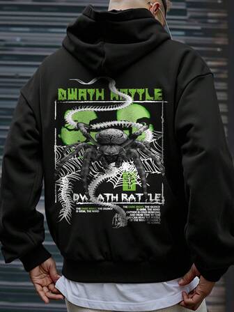 Herrtröja med luvtröja, personlig stil med mörk gata, "Death Rattle"-tema för spindeln, lös, avslappnad långärmad tröja för höst- och vinterkläder, tjockt mjukt tyg, herrtröja för vardagsbruk