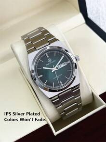 Reloj de pulsera de negocios para hombres Pablo Raez, marca genuina, encantador, accesorio de joyería de lujo de marca nueva AAA, correa de acero inoxidable, caja de plata retro, esfera degradada verde, resistente al agua 50M, calendario simple y exhibición del día, reloj de cuarzo de moda casual de metal para hombres, excelente para regalo de graduación o boda