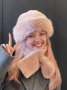 2pcs Women's Luxury Fluffy Bucket Hat And Scarf Set, Thick Faux Fox Fur Trim Bucket Hat , Ear Warmer Hats, Multi-Functional Winter Accessory Valentines Gift