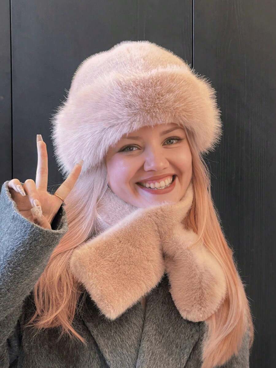 2pcs Women's Luxury Fluffy Bucket Hat And Scarf Set, Thick Faux Fox Fur Trim Bucket Hat , Ear Warmer Hats, Multi-Functional Winter Accessory Valentines Gift