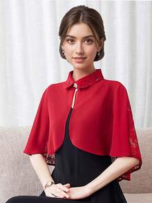 1件新款女士雪纺拼接水钻纽扣斗篷/新娘婚礼红色爱心女王披肩，多色翻领伴娘礼物披肩/奇幻仙境卡特琳娜女士连衣裙服装配饰。埃及艳后女士节日派对舞会化装舞会服装！圣诞老人角色扮演，正式派对。