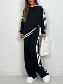 女士休闲长袖T恤+侧条纹口袋直筒裤套装，春秋 - 黑色 - 查看 3