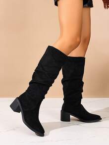 女式厚底尖头仿麂皮褶皱黑色及膝靴，春秋冬时尚 - 黑色 - 查看 4