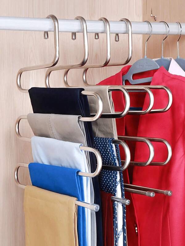 1pc Stainless Steel Pant Hanger, Dedicated Clothes Rack For Hanging Pants, Multi-Layer Wardrobe Built-In Storage Hanger, Silver - One Size