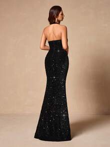 Elegant Women's Black Sequin Maxi Party Dress, Sleeveless V-Neck Backless Design With High Slit Detail - Black - View 5