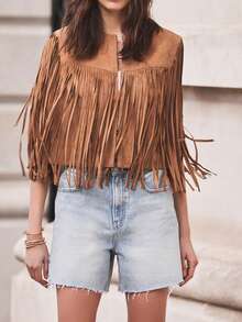 Vintage Bohemian Western Cowgirl Fringed Suede Sleeveless Loose Music Festival/Date/Vacation Blouse For Women