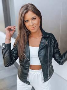 Crafted From Faux Leather Cropped Biker Jacket Features Decorative Quilting On The Shoulders And Zippered Pockets - Black - View 3